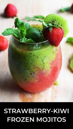 a fruit smoothie with kiwi, strawberries and mint