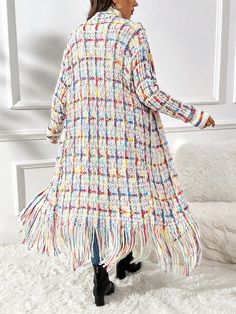 Plus Size Colorful Fringes Knitted Long Loose Cardigan Multicolor Casual  Long Sleeve Fabric Tribal,All Over Print  Slight Stretch  Women Plus Clothing, size features are:Bust: ,Length: ,Sleeve Length: Spring Multicolor Knit Outerwear, White Acrylic Cardigan For Spring, Multicolor Long-sleeved Sweater Coat For Spring, Multicolor Knitted Cardigan For Fall, Casual Long Multicolor Sweater Coat, Multicolor Long Sleeve Sweater Coat For Spring, Long Multicolor Sweater For Fall, Multicolor Soft Knit Cardigan For Fall, Multicolor Long Sweater For Fall