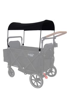 a stroller with a canopy on the top and wheels, in front of a white background