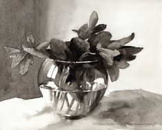 black and white drawing of flowers in a glass vase