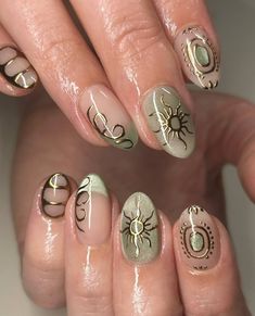 Cool Biab Nails, Medium Nail Set, Gold Nails Art, Nature Nails, Hippie Nails, Vintage Nails, Nagel Tips, Crazy Nails, Nail Forms