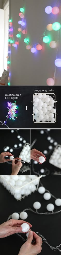 the process of making lights with cotton balls and string, is shown in three different stages