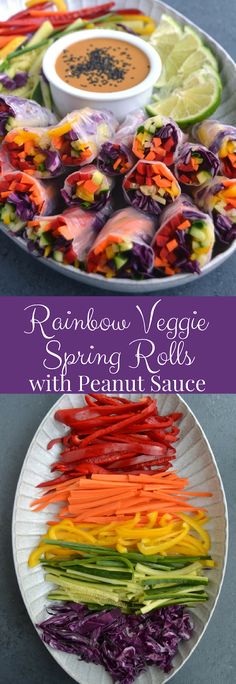 rainbow veggie spring rolls with peanut sauce on the side and another plate full of them