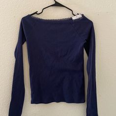 Wide Scoop Neck, Long Sleeve Top With A Lace Trim. Fabrics: 100% Cotton Measurement: 16.5 (42 Cm) Length, 14" (36 Cm) Bust Made In: China Item Labeled John Galt, A Brandy Melville Company Blue Scoop Neck Top For Fall, Blue Cotton Scoop Neck Top, Blue Stretch Cotton Blouse, Stretch Cotton Blue Blouse, Tops Brandy Melville, Scoop Neck Long Sleeve, John Galt, Brandy Melville Tops, Brandy Melville