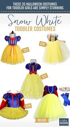 snow white costume for toddlers and girls with price tags on the front, below them