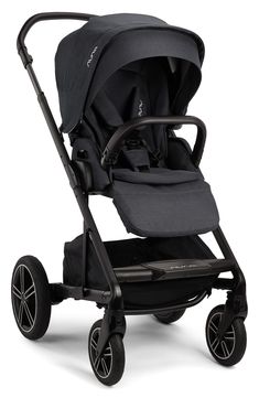 the stroller is black and has wheels that are attached to it's seat