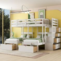 a bedroom with bunk beds and drawers in it