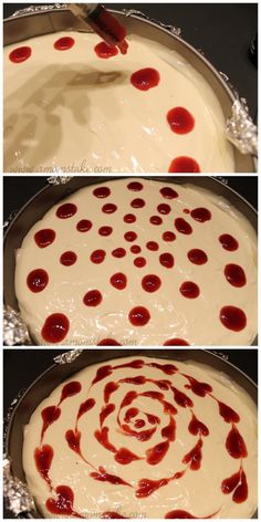 the process of making strawberry cheesecakes in a pan