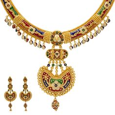 Add this vibrant Indian bridal jewelry set to your gown for your most important day! The Meenakari print made from colorful enamel brings a rich look of cultural egenace to this 22k gold jewelry design. Features • 22k yellow gold • Enamel • Meenakari print • BeadingVirani Jewelers bridal jewelry made from 22k gold brings together the beauty and significance of Indian culture and traditions. Find more beautiful 22k gold Indian bridal jewelry like this Meenakari jewelry set on our website.Specific Meenakari Gold Jewellery, Luxury Meenakari Sets For Reception, Luxury Meenakari Sets For Celebration, Gold Indian Bridal Jewelry, Gold Jewelry Design, Meenakari Jewellery, Indian Culture And Tradition, Indian Bridal Jewelry, Indian Bridal Jewelry Sets