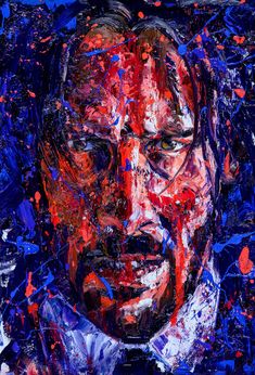 an abstract painting of a man's face in red, white and blue colors