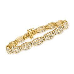 Ross-Simons - 3.00ct t. w. Round, Baguette Diamond Bracelet Over Sterling. 7". Impress any audience with this dazzling diamond design! Our elegant bracelet shimmers with 3.00 ct. t. w. round and tapered baguette diamonds in 18kt yellow gold over sterling silver curved links. Single-latch safety. Push-button clasp, diamond bracelet. Diamond birthstones are the perfect gift for April birthdays. Baguette Cut Diamond Bracelet With Diamond Accents For Anniversary, Formal Baguette Diamond Bracelet With Accents, Classic Baguette Diamond Bracelet, Classic Diamond Bracelet With Baguette Diamonds For Anniversary, Elegant Baguette Diamond Bracelet With Accents, Classic Baguette Diamond Accent Bracelets, Classic Baguette Bracelet With Diamond Accents, Elegant Baguette Diamond Bracelet, Formal Baguette Bracelet With Diamond Accents