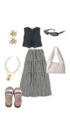 a woman's outfit and accessories including shoes, sunglasses, necklaces