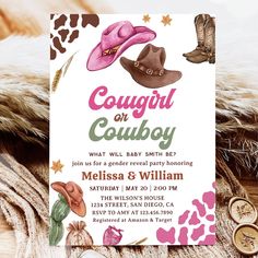 a cowgirl baby shower party with cowboy hats and boots on the front, along with other items