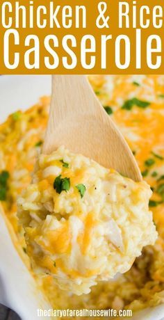 chicken and rice casserole on a wooden spoon in a white dish with text overlay