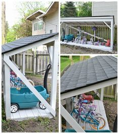 several pictures of the outside of a house with various things in it, including a bike