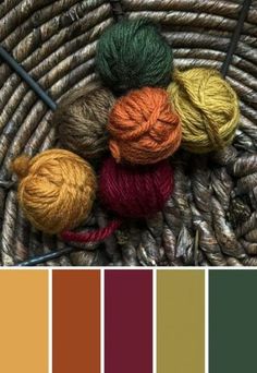 the color palette is different shades of orange, yellow, and green with yarn on top