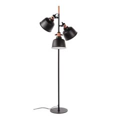 three light floor lamp with two black lamps on each side and one orange light in the middle