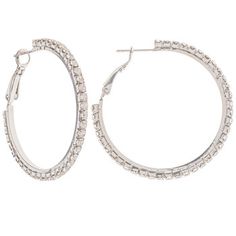 Shine bright with the addition of Rhinestone Hoop Earrings to your outfit! These metal and clear rhinestone earrings feature a hinged back with a classic hoop shape. Combine them with coordinating rings and necklaces to make a sophisticated fashion statement!     Details:   Diameter: 41.5mm  Metal Color: Imitation Rhodium      Package contains 1 pair of earrings. Metal Hoop Crystal Earrings With Rhinestones, Hoop Crystal Earrings With Rhinestones, Glamorous Metal Hoop Earrings With Rhinestones, Metal Hoop Jewelry With Rhinestones, Trendy Metal Hoop Earrings With Rhinestones, Glamorous Metal Hoop Earrings With Sparkling Stones, Trendy Rhinestone Metal Hoop Earrings, Silver Metal Hoop Earrings With Bling, Silver Bling Metal Hoop Earrings