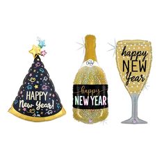 three new year's eve party hats and champagne glasses are shown in front of each other