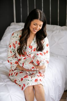 Maternity/Postpartum Robe with Matching or coordinating Swaddle blanket, Hat, and Bow (These are very soft and stretchy) Mama Robe: Red Floral Baby Swaddle, Hat, and Bow: > Available in Red floral, Sage Green ONE SIZE FITS MOST POSTPARTUM/MATERNITY ROBE: > Length - 38 inches > Width - 62 inches (this is with the robe open/laid flat). The robe does include an inside tie. SWADDLE BLANKET: > 47 inches by 47 inches > this is large and can be used as baby blanket/toddler blanket MATERI White Nursing Friendly Sleepwear, White Nursing Friendly Long Sleeve Sleepwear, White Nursing-friendly Long Sleeve Sleepwear, White Nursing-friendly Sleepwear, Hospital Gifts, Hospital Outfit, Swaddle Sets, Baby Shower Gifts For Boys, Baby Girl Shower Gifts