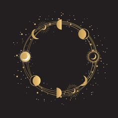 the phases of the sun and moon in a circle with gold stars on a black background