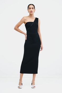 Black Asymmetric One Shoulder Evening Midi - Nina Dress | Marcella Sleek One Shoulder Evening Dress, Chic One-shoulder Bodycon Dress For Gala, Stretch One-shoulder Dress For Night Out, Asymmetrical Neckline Bodycon One Shoulder Dress For Night Out, Sleek One Shoulder Dress With Asymmetrical Neckline For Evening, Chic One Shoulder Dress With Straight Neckline For Gala, Sleek One-shoulder Sleeveless Dress For Night Out, Sleek Fitted One Shoulder Evening Dress, Sleek One Shoulder Dress With Asymmetrical Neckline