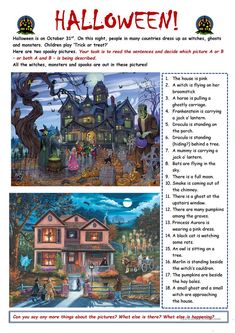 a page from the children's halloween book, with pictures of houses and people