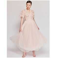 Needle & Thread Florentina Short Sleeve Bodice Ankle Gown, Blush, 6 (Us) - New With Tags - Orig: $529 - Embellished Ruffle Bodice - Ankle-Length Gown - Soft Tulle Skirt - Back Zip - Cotton; Cotton Lining - Professionally Clean Approx. Measurements: - Size: Us 6 - Across Shoulder: 13” - Bust: 34” - Waist: 26” - Hips: 44” - Body Length: 55” Actual Item For Sale Is Pictured Using A Mannequin. For Sizing Reference, Our Mannequin’s Measurements: Shoulder: 17” | Bust: 35.5” | Waist: 26.5” | Hips: 38.5 Feminine Floor-length Dress With Lace Bodice, Spring Gala Evening Dress With Lace Bodice, Feminine Spring Maxi Dress With Lace Bodice, Spring Floor-length Evening Dress With Lace Bodice, Spring Gown With Lace Bodice In Tulle, Floor-length Evening Dress With Lace Bodice For Spring, Spring Gala Gown With Lace Bodice, Feminine Lace Bodice Midi Dress For Wedding, Floor-length Lace Bodice Evening Dress For Spring