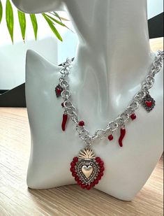 Sacred heart necklace with pendants and coral Red Spiritual Necklace With Heart Pendant, Sacred Heart Necklace Gold, Red Coral Hand-strung Necklace As A Gift, Sacred Heart Jewelry Necklaces, Hand-strung Red Coral Necklace Gift, Sacred Heart Necklace, Coral Necklace, Sacred Heart, Heart Necklace