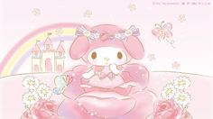 a cartoon character sitting on top of a pink bed next to flowers and a rainbow