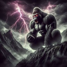 a gorilla sitting on top of a rock in front of a lightning filled sky with clouds