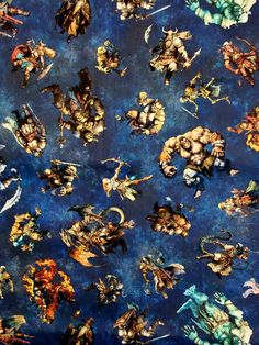 a blue background with many different images of people and animals in the sky, all on top of each other