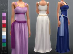 three different colored dresses are shown in this image, one is white and the other is blue