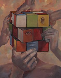 a painting of a person holding a rubix cube in front of their face and hands