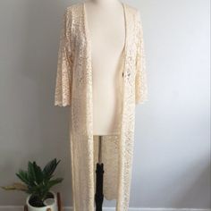 Nwt Lucky & Blessed Cream Lace Duster Cardigan New With Tags. Smoke-Free. Size Small L&B Boutique Super Cute Boho Look! Bohemian Long Sleeve Beige Cardigan, Beige Bohemian Long Sleeve Cardigan, Cream Long Sleeve Outerwear With Lace Trim, Cream Long-sleeved Knit Cardigan, Sequin Duster, Lace Duster, Cream Bohemian V-neck Cardigan, Leopard Kimono, Aztec Blanket