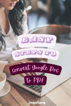 a woman sitting in front of a laptop computer with the words easy steps to convert google po to ppp