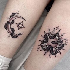 two sun and moon tattoos on both legs