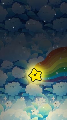 an animated star is shining in the sky above clouds with stars and rainbows on it