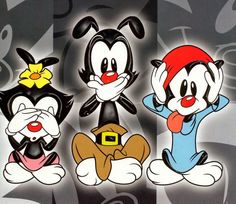 three cartoon characters sitting next to each other in front of a black and white background