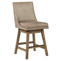 an upholstered bar stool with a wooden frame and seat cushion in grey fabric