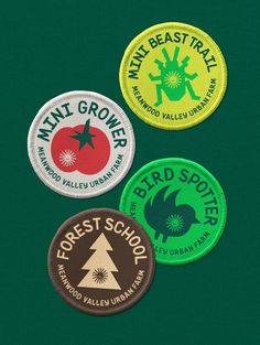 three badges that say forest school, mini beasts, and small trees are on a green surface