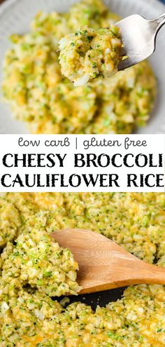 broccoli cauliflower rice in a white bowl with a wooden spoon on top