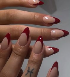 @ polishedbyykim  french nails, french tip nails, red nails, almond nails, nail inspo, gel nails, femme fatale, dark feminine, feminine archetypes, zodiac sign tattoo Red Tip Nails, Red Chrome Nails, Chrome Nails Designs, Formal Nails, Red Acrylic Nails, French Tip Acrylic Nails, French Acrylic Nails, Burgundy Nails, Almond Acrylic Nails