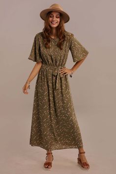 Half Sleeve Round Neck Tie Waist Summer Maxi Dress - Petallush Sunday Dress Outfit, Outfit Shein, Head Turning Dress, Modest Dresses For Women, Maxi Dress Collection, Sunday Dress, Olive Dress, Beautiful Summer Dresses, Timeless Dress