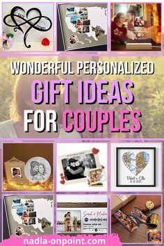 the words wonderful personalized gift ideas for couples are shown in pink and purples