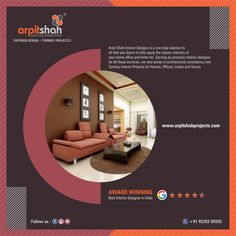 a brochure for an interior design firm, with the image of a living room