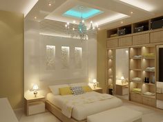 a bed room with a neatly made bed and a chandelier hanging from the ceiling