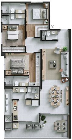 an overhead view of a three bedroom apartment with living room, dining area and kitchen