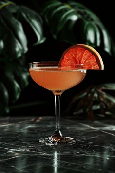 a drink in a coupe glass with an orange garnish on the rim and a slice of grapefruit