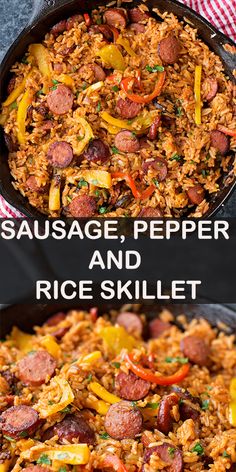 sausage, pepper and rice skillet in a pan